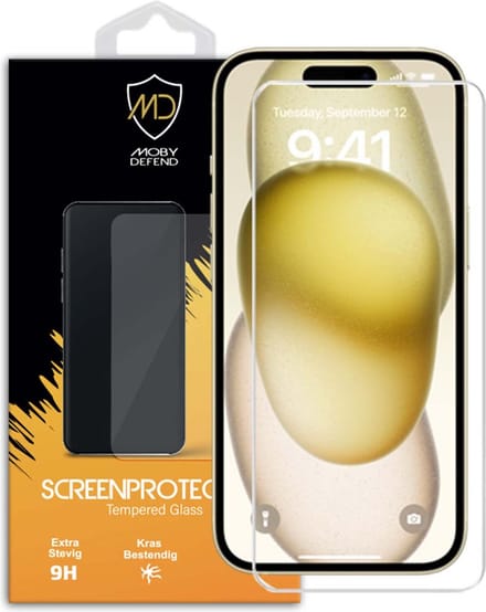 MobyDefend Screenprotector - Geschikt voor iPhone 15 Plus - Case-Friendly Screensaver - Gehard Glas