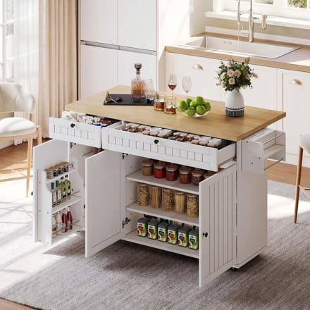 Clruro Keukeneiland - 137 x 89.5 x 45 cm - Keukenkast met Klapblad, 2 Laden en Rollen - MDF - Wit