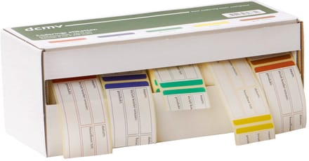 LabelLord | HACCP DCMV coderingsetiketten in dispenser | 5 verschillende rollen x 250 etiketten