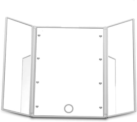 Compacte Reismirror met Drievoudige Reflectie en 8 LED Lichten - Ideaal voor Make-up en Verzorging