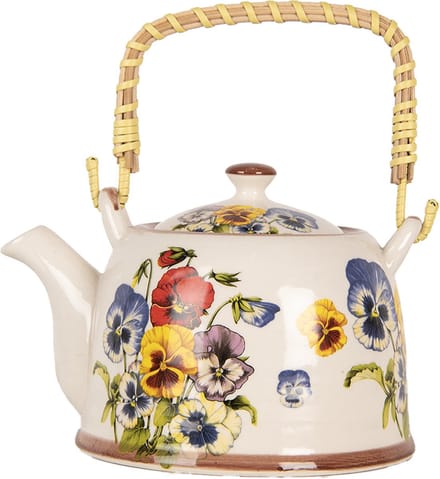 Clayre & Eef Theepot met Filter 800 ml Wit Blauw Keramiek Bloemen
