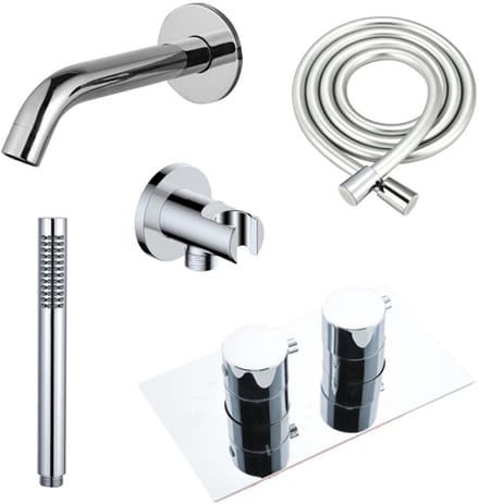 FugaFlow Eccelente Acces Badkraan set - uitloop - 22cm inkortbaar - gladde slang - staafhanddouche - inbouwdeel - wandhouder - chroom