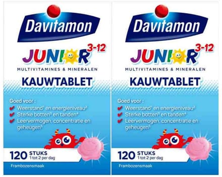 Davitamon - Junior 3+ Kauwvitamines Framboos - 2 x 120 kauwtabletten - Voordeelverpakking