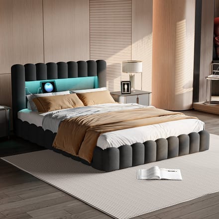 Opbergbed 140x200 Donkergrijs met LED & USB-C – Gestoffeerd Linnen Bed