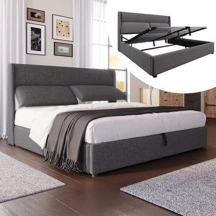 REDOM Bedframe 140x200 cm – Linnen grijs – Met verstelbare hoofdsteunen & hydraulische opbergruimte – Modern