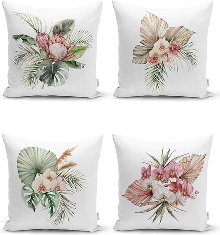 Zethome Kussenhoes Vierkantjes - Dubbelzijdig Bedrukt – Soft Touch – 43 x 43 Exotisch blad - 4 stuk