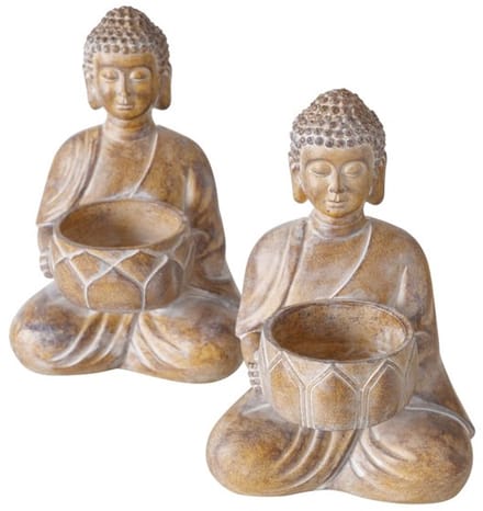 Boltze - Set van 2 - Buddha - Waxinehouders - Polystone - Handbeschilderd - 15 cm Hoog
