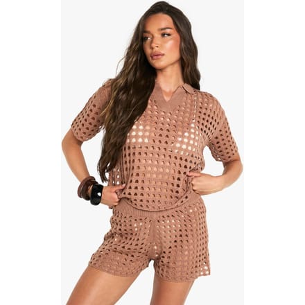 boohoo Dames Crochet oversized shirt en gebreide korte set | Mokka | Maat: Small