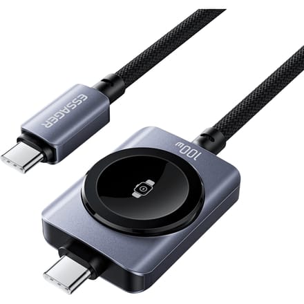 Essager 2-in-1 USB-C naar USB-C Kabel 100W Apple Watch Oplader Zwart