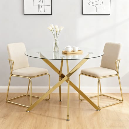 MODFU Eettafel - Gehard Glazen Blad - Kruispoot - Minimalistisch - Eetkamer - Glas En Metaal - Goud