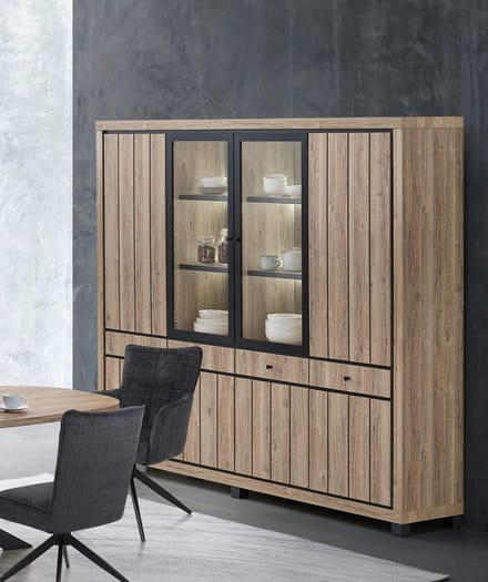Belfurn Vitrinekast Eduard 240 cm – Summer eik decor – LED verlichting – 4 deuren – vitrinekast met glas