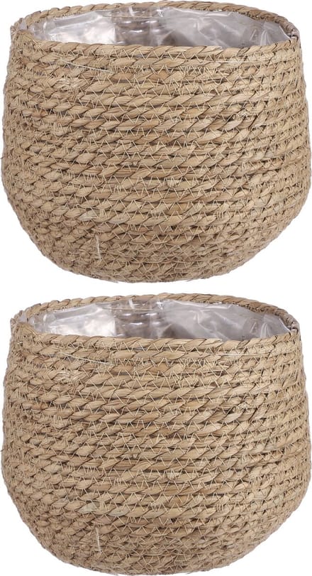 Mica Decorations Bloempot - 2x stuks - rotan - beige - jute - 22 x 19 cm - Met plastic binnenkant