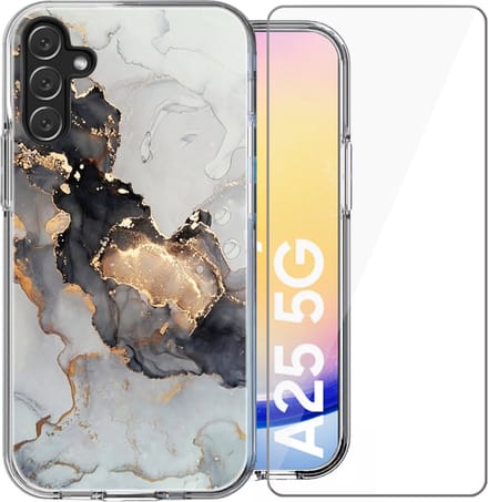 Hoesje geschikt voor Samsung Galaxy A24 / A25 - Screen Protector Glas - Back Cover Marmer Siliconen Case Wit & Screenprotector
