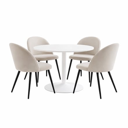 Carry eethoek tafel Ø110cm, 4 stoelen velours beige.