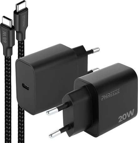 Phreeze usb C adapter 20 w met usb C naar usb C kabel 1 meter - Power Delivery snellader voor telefoon en tablet