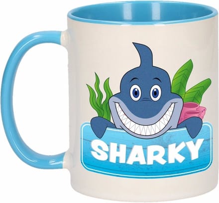 Sharky mok - blauw/wit - keramiek - 300 ml - kinder beker haai