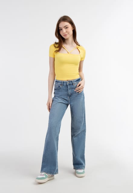 Mymo Ribgebreid T-shirt Dames lichtgeel