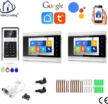WIFI videofoon/intercom met 1 deurbel camera + 2 binnen paneel/schermen + camera en kan werken met spraak gestuurde apps. T-2103-1-2-C
