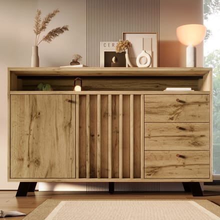 Dressoir - 120x40x85 cm - Commode in Vintage Stijl - 3 Laden en 2 Deuren - Eikenhout - Donker Eiken