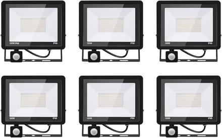 6 Stuks LED Buitenlamp met Bewegingsmelder 100W 10000LM IP66 Schijnwerper Koud Wit