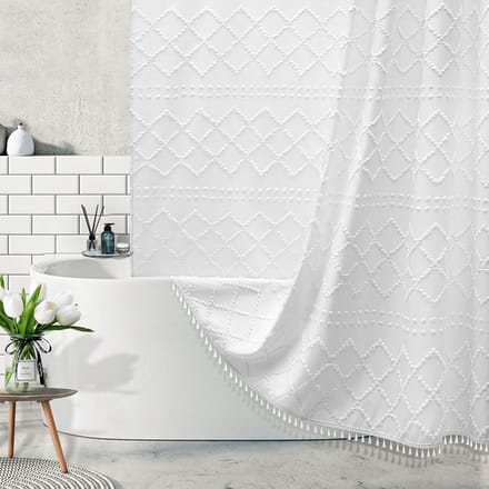 Witte Boho Douchegordijn - Stoffen Gordijn - Badkamer Decoratie - Getuft Chevron Ontwerp - 183 x 213 cm - Wit