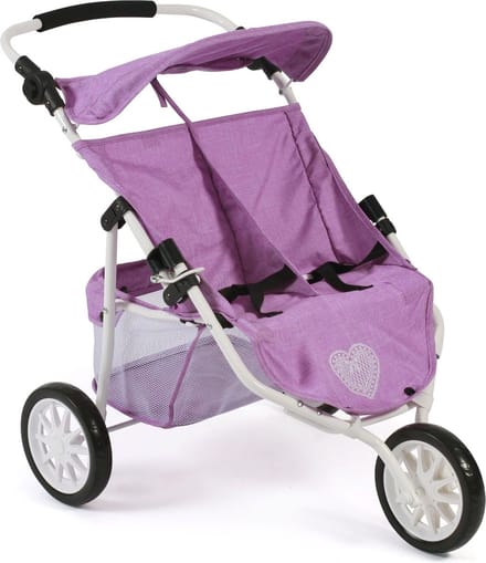 3-wiel Jogger kinderwagen voor tweelingpoppen, paars mix