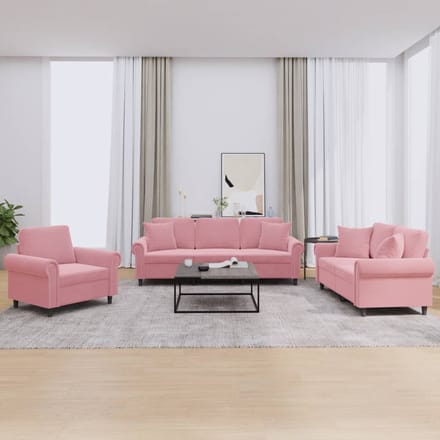 vidaXL - 3-delige - Loungeset - met - kussens - fluweel - roze