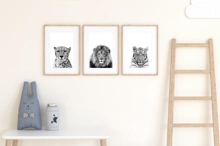 Zwart/wit dieren posters - 3 stuks - 30x40 cm - Cheetah, leeuw & tijger