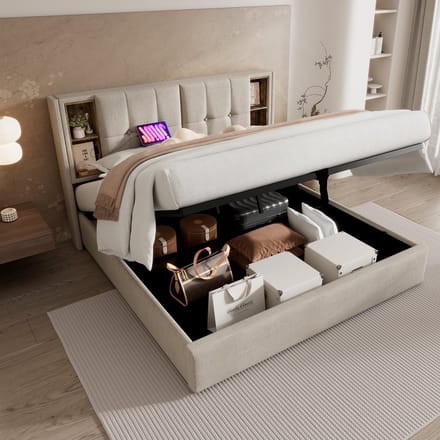 REDOM Opbergbed 160x200 cm – Linnen – Hydraulisch – Draadloos laden & USB/Type-C – Naturel – 300 kg