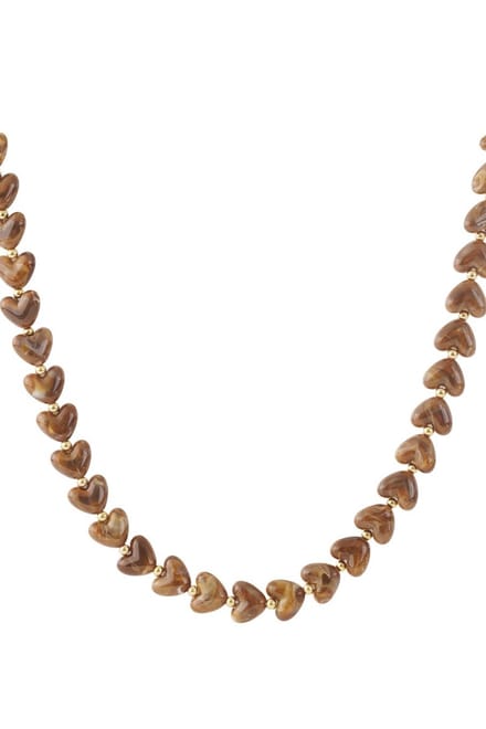 Bruine hartjes ketting - kralen - RVS & Acrylic