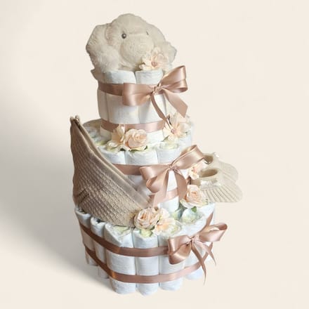 Luiertaart Bruin 3-laags – Groot Kraamcadeau met Honden Knuffel