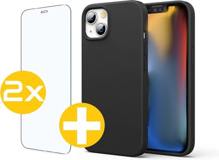 Hoesje en Screenprotector Combi Geschikt Voor iPhone 13 Mini - Zwarte Siliconen Hoesje + 2x Screenprotector