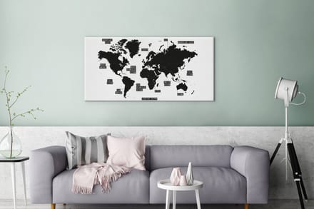 Zwart wit wereldkaart canvas | Wereldkaart Canvas Schilderij 100x50 cm