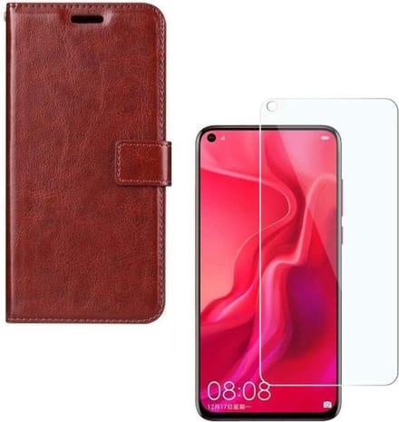 hoesje Geschikt voor: Huawei P20 Lite 2019 Portemonnee bruin met 2 stuks Glas Screen protector