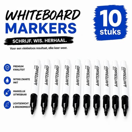 Whiteboard markers - 10 stuks - 14 cm - Zwart - Goede kwaliteit