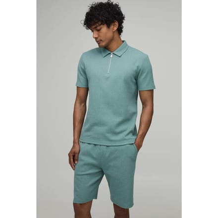 Slim Fit Waffle Polo & Short Set | Sage | Size Medium