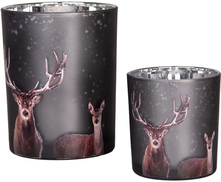 Clayre & Eef Theelichthouder Set van 2 Ø 7x8 / 10x13 cm Grijs Glas Hert
