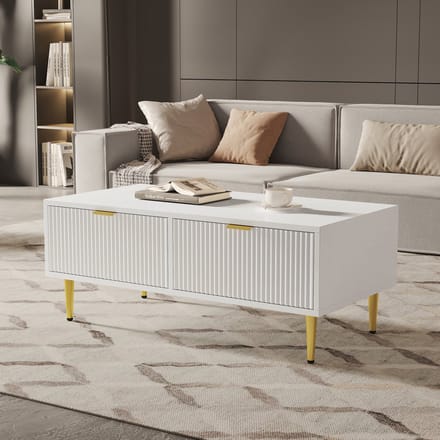 MIVRAY Salontafel - Met 2 Laden En Verticale Fronten - Voor Woonkamer - MDF Wit En Goud - 100x50x40 Cm