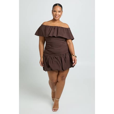 boohoo Dames Plus Puff Ball Bardot Mini Jurk | Chocoladebruin | Maat: 44