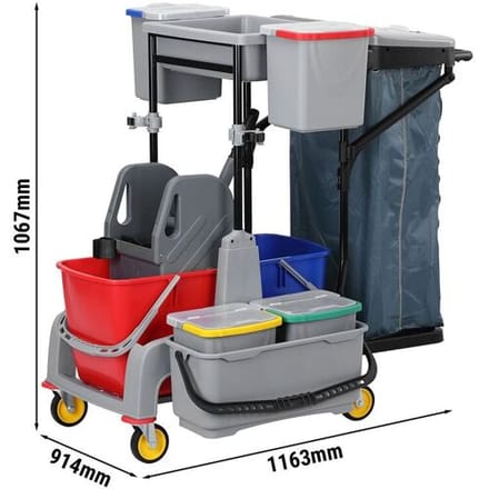 GGM Gastro Schoonmaaktrolley - met legbord, 6 bakken, wászak, mopemmer met wringer, houders, zwenkwielen & stootranden - grijs grijs