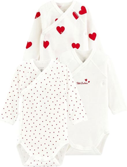 Petit Bateau Set van 3 rompertjes met rode hartjes en lange mouwen Meisjes Rompertje - Wit/Rood + Wit/Rood + Wit