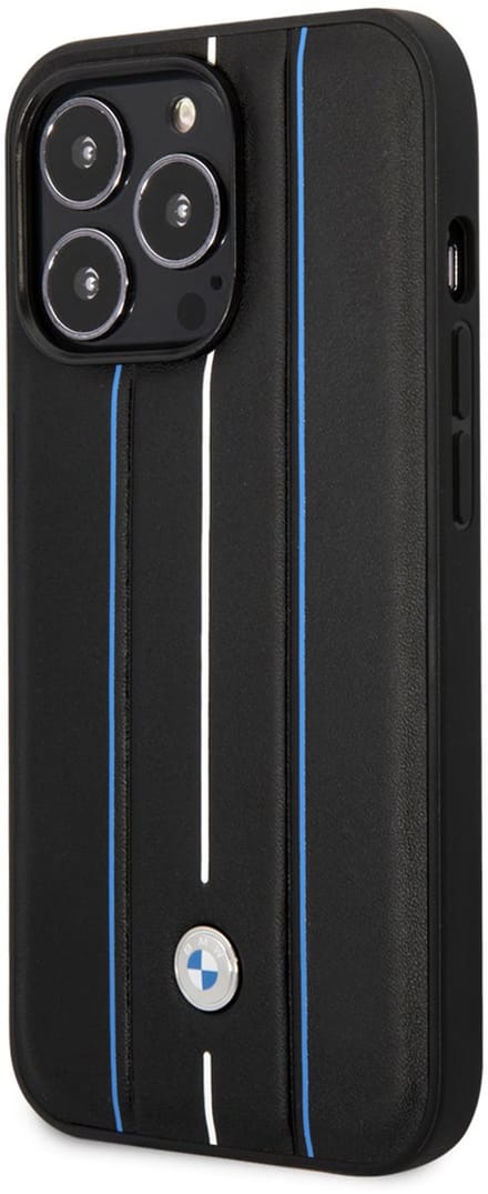 BMW iPhone 14 Pro Back cover case - Leather Signature - Hot Stamp Lines Blue - Black