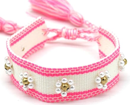 Stoffen Armband Dames - RVS Kralen - Lengte Verstelbaar - Donkerroze