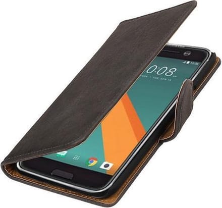 Grijs Hout booktype wallet cover hoesje voor HTC 10