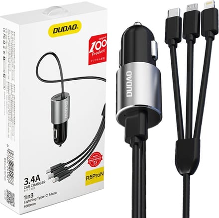 Dudao - 3in1 - USB autolader 3.4 A ingebouwde Lightning / USB Type C / micro-USB-kabel zwart - (R5ProN - zwart)