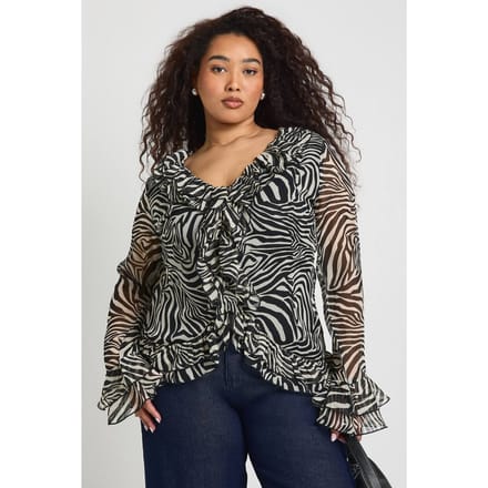boohoo Dames Plus Chiffon Zebra Ruches Top | Zebraprint | Maat: 46
