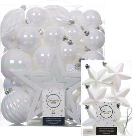 Decoris Kerstballen en Ornamenten - 56x stuks - parelmoer wit - kunststof - ster piek - verschillende formaten