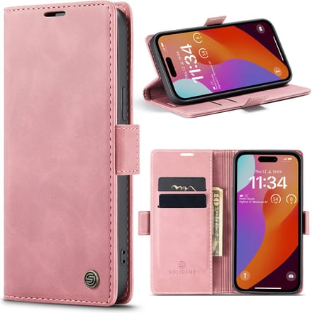 Solidenz Hoesje geschikt voor iPhone 15 Pro Max - Bookcase met pasjeshouder - Kaarthouder telefoonhoesje - Roze