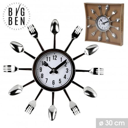 "BIG BEN" DESIGN KEUKENKLok BESTEK CHROOM WITTE ACHTERGROND DIAMETER 30 CM