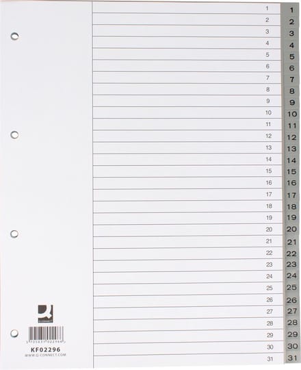 Q-CONNECT numerieke tabbladen, A4, PP, 1-31, met indexblad, grijs